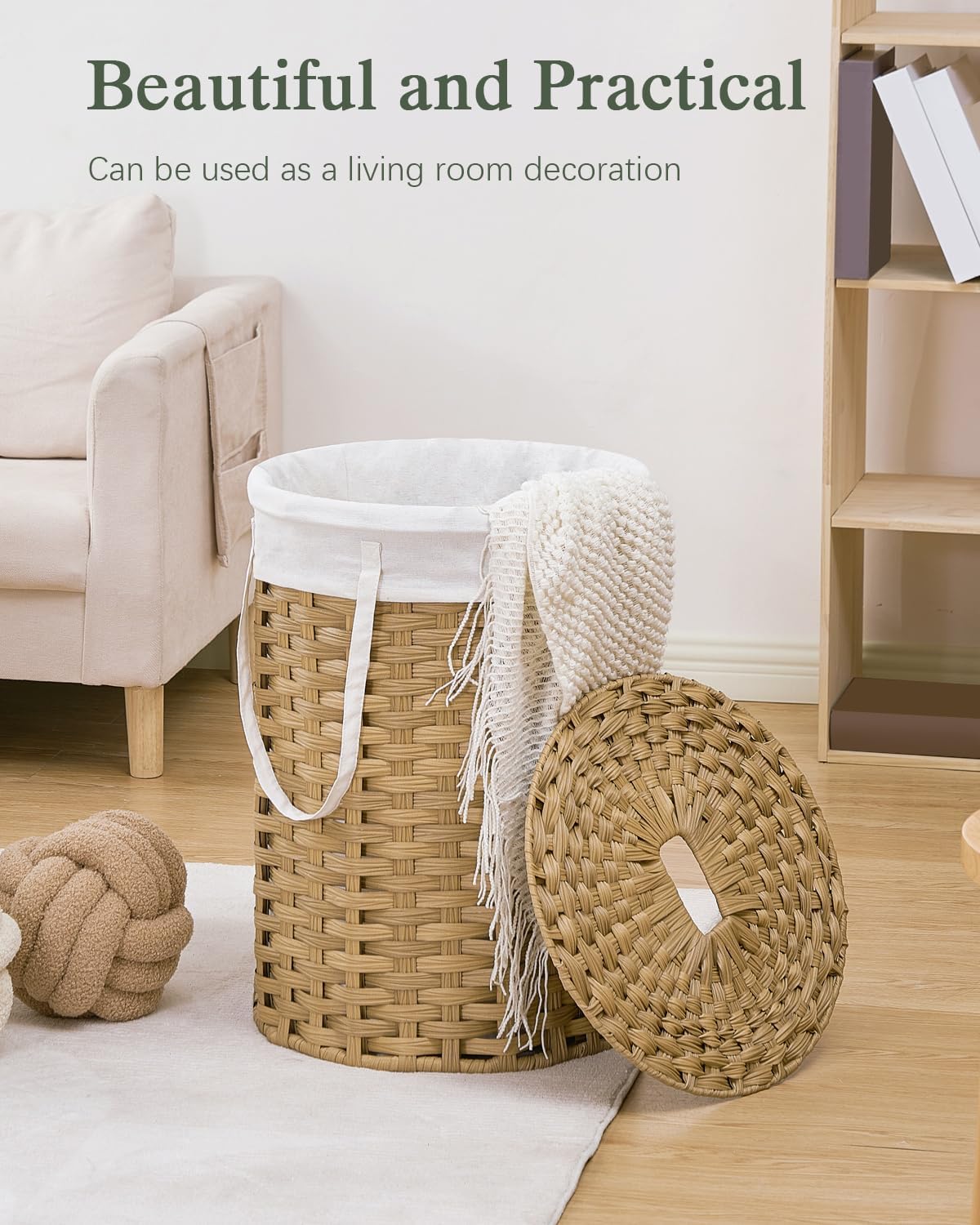 Laundry Basket with Lid Round PE Rattan Laundry Hamper, White