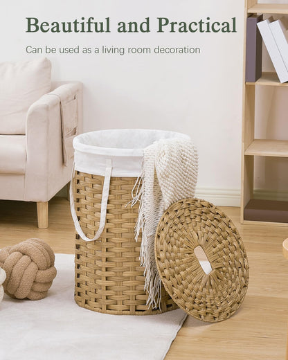 Laundry Basket with Lid Round PE Rattan Laundry Hamper, White