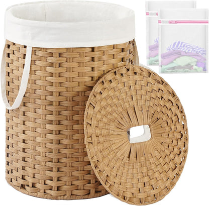 Laundry Basket with Lid Round PE Rattan Laundry Hamper, White