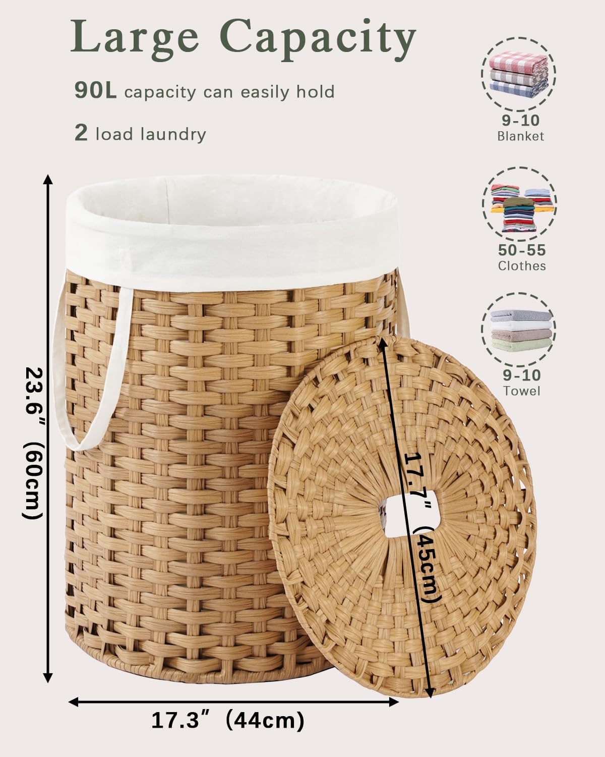 Laundry Basket with Lid Round PE Rattan Laundry Hamper, White