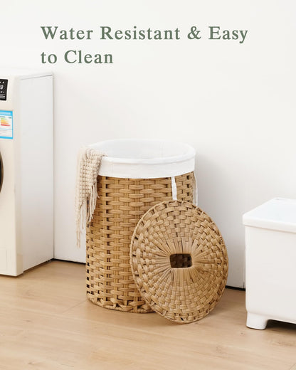 Laundry Basket with Lid Round PE Rattan Laundry Hamper, White