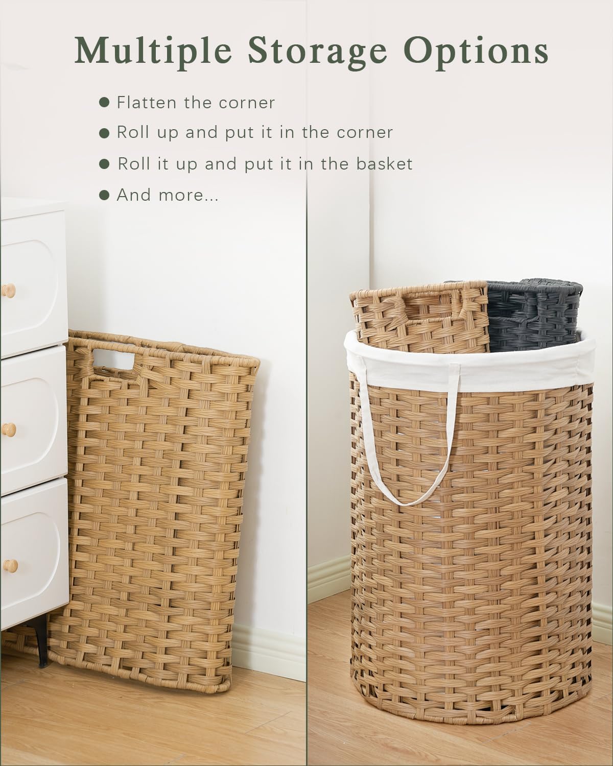 Laundry Basket with Lid Round PE Rattan Laundry Hamper, White