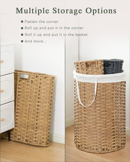 Laundry Basket with Lid Round PE Rattan Laundry Hamper, White