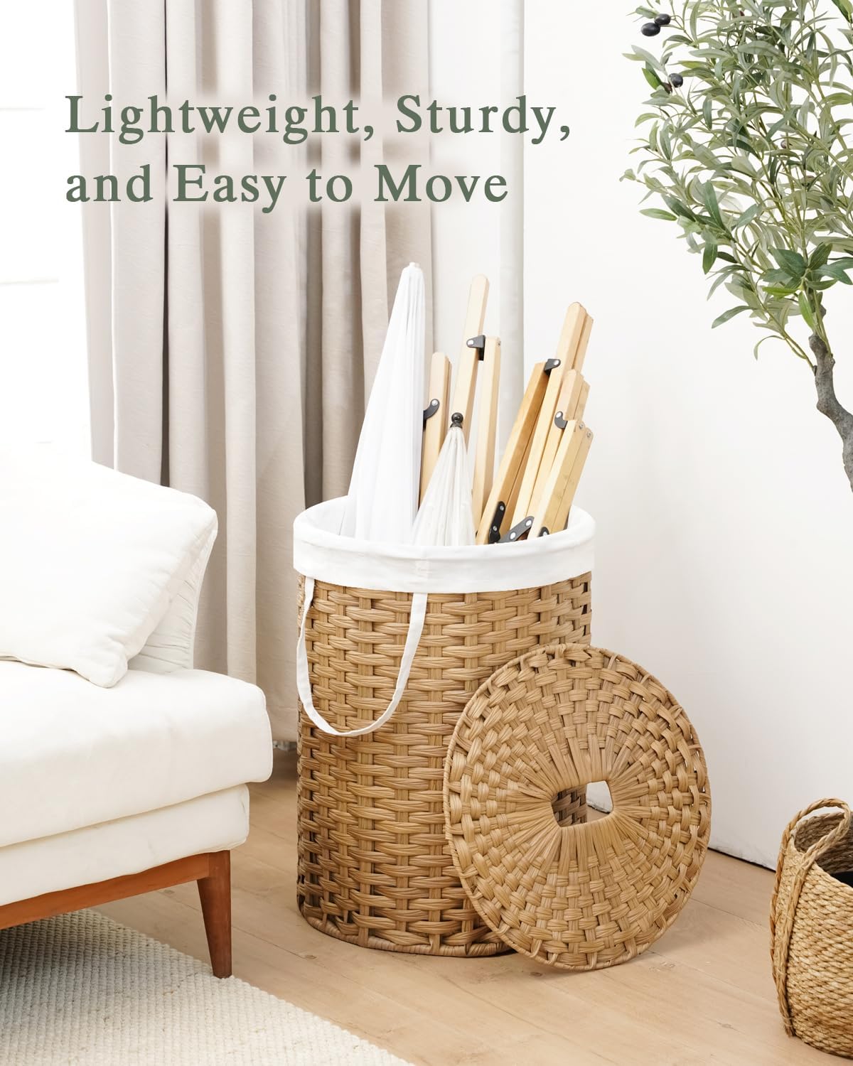 Laundry Basket with Lid Round PE Rattan Laundry Hamper, White