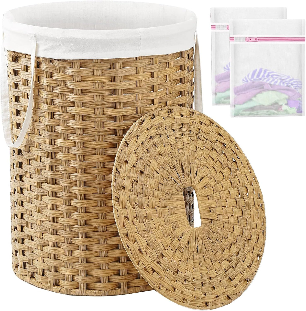 Laundry Basket with Lid Round PE Rattan Laundry Hamper, White