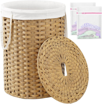 Laundry Basket with Lid Round PE Rattan Laundry Hamper, White