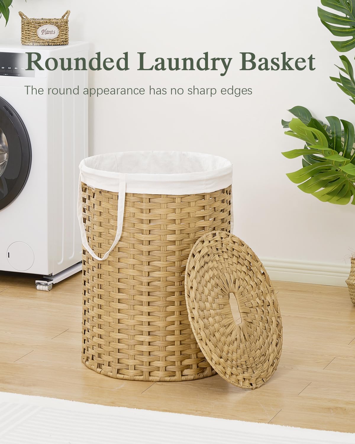 Laundry Basket with Lid Round PE Rattan Laundry Hamper, White