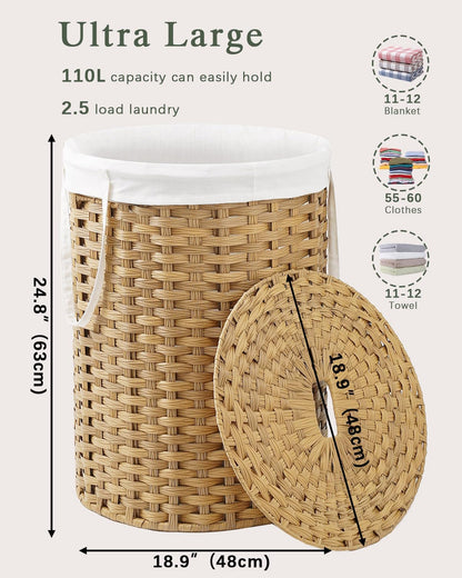 Laundry Basket with Lid Round PE Rattan Laundry Hamper, White