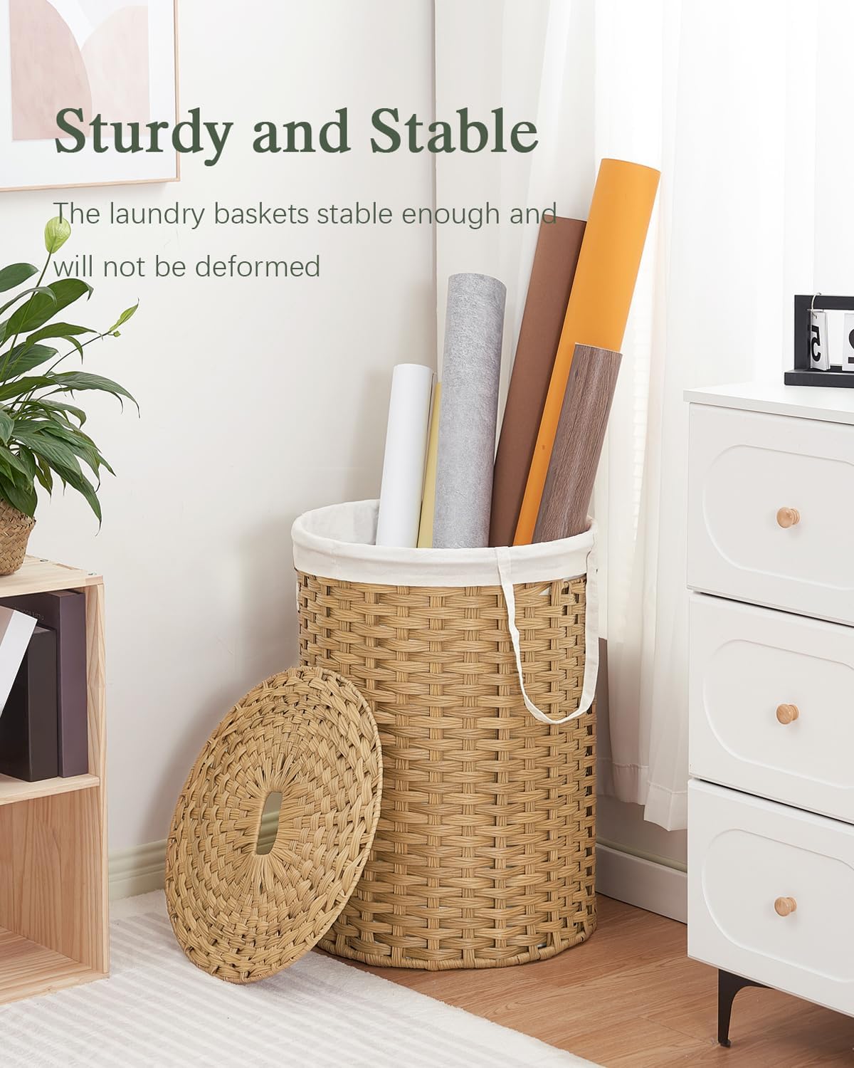Laundry Basket with Lid Round PE Rattan Laundry Hamper, White