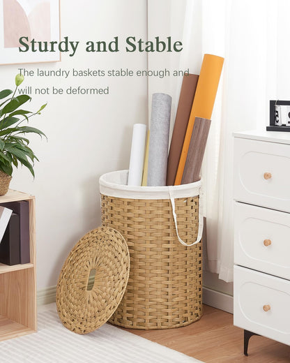 Laundry Basket with Lid Round PE Rattan Laundry Hamper, White