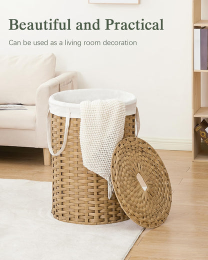 Laundry Basket with Lid Round PE Rattan Laundry Hamper, White