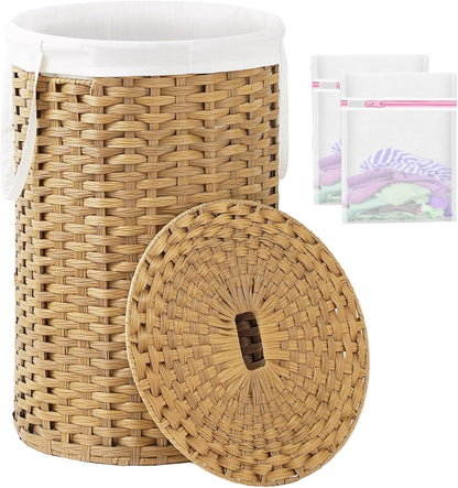 Laundry Basket with Lid Round PE Rattan Laundry Hamper, White