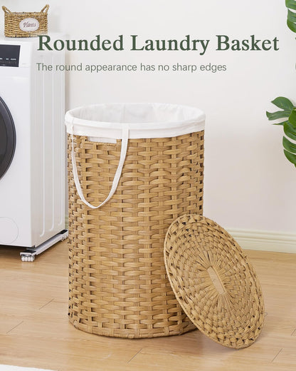 Laundry Basket with Lid Round PE Rattan Laundry Hamper, White
