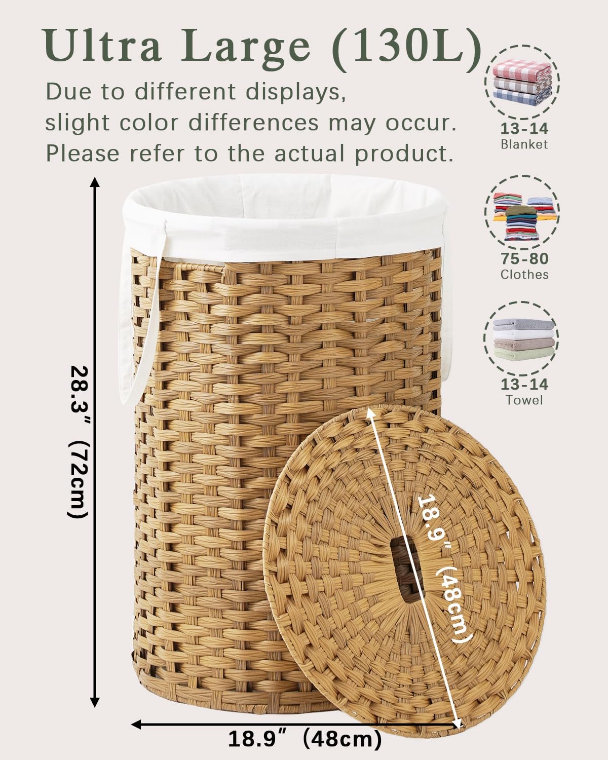 Laundry Basket with Lid Round PE Rattan Laundry Hamper, White