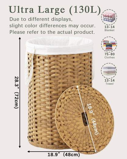 Laundry Basket with Lid Round PE Rattan Laundry Hamper, White