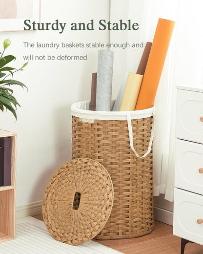 Laundry Basket with Lid Round PE Rattan Laundry Hamper, White