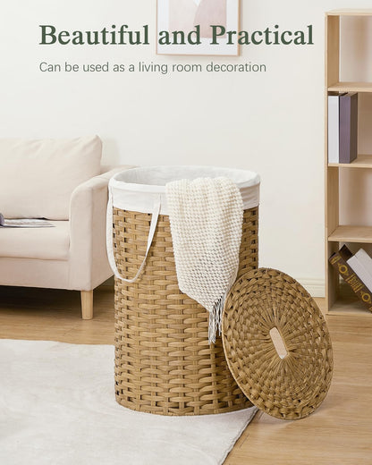 Laundry Basket with Lid Round PE Rattan Laundry Hamper, White