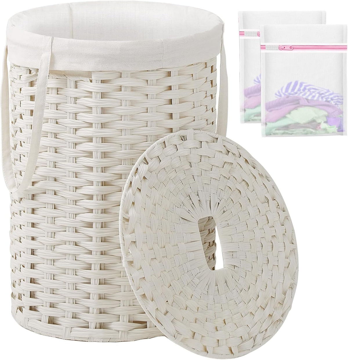 Laundry Basket with Lid Round PE Rattan Laundry Hamper, White