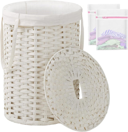 Laundry Basket with Lid Round PE Rattan Laundry Hamper, White