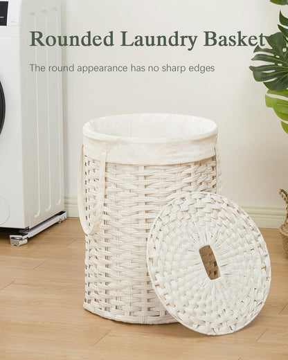 Laundry Basket with Lid Round PE Rattan Laundry Hamper, White