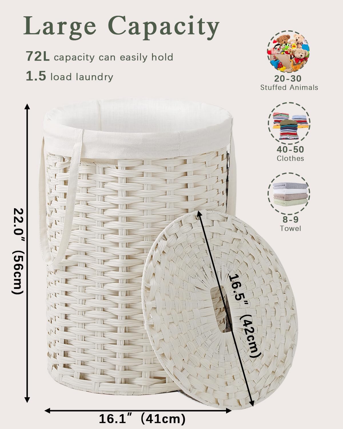 Laundry Basket with Lid Round PE Rattan Laundry Hamper, White