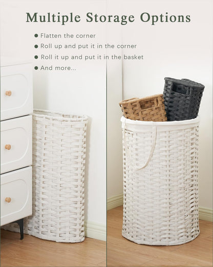 Laundry Basket with Lid Round PE Rattan Laundry Hamper, White