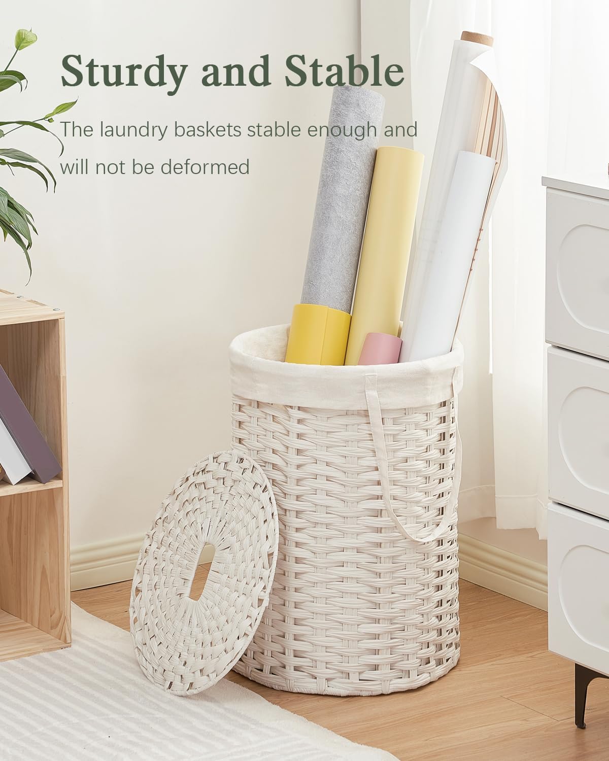 Laundry Basket with Lid Round PE Rattan Laundry Hamper, White