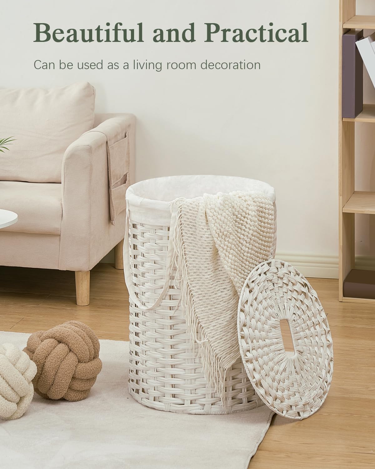 Laundry Basket with Lid Round PE Rattan Laundry Hamper, White