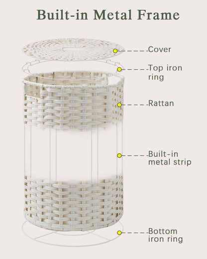 Laundry Basket with Lid Round PE Rattan Laundry Hamper, White