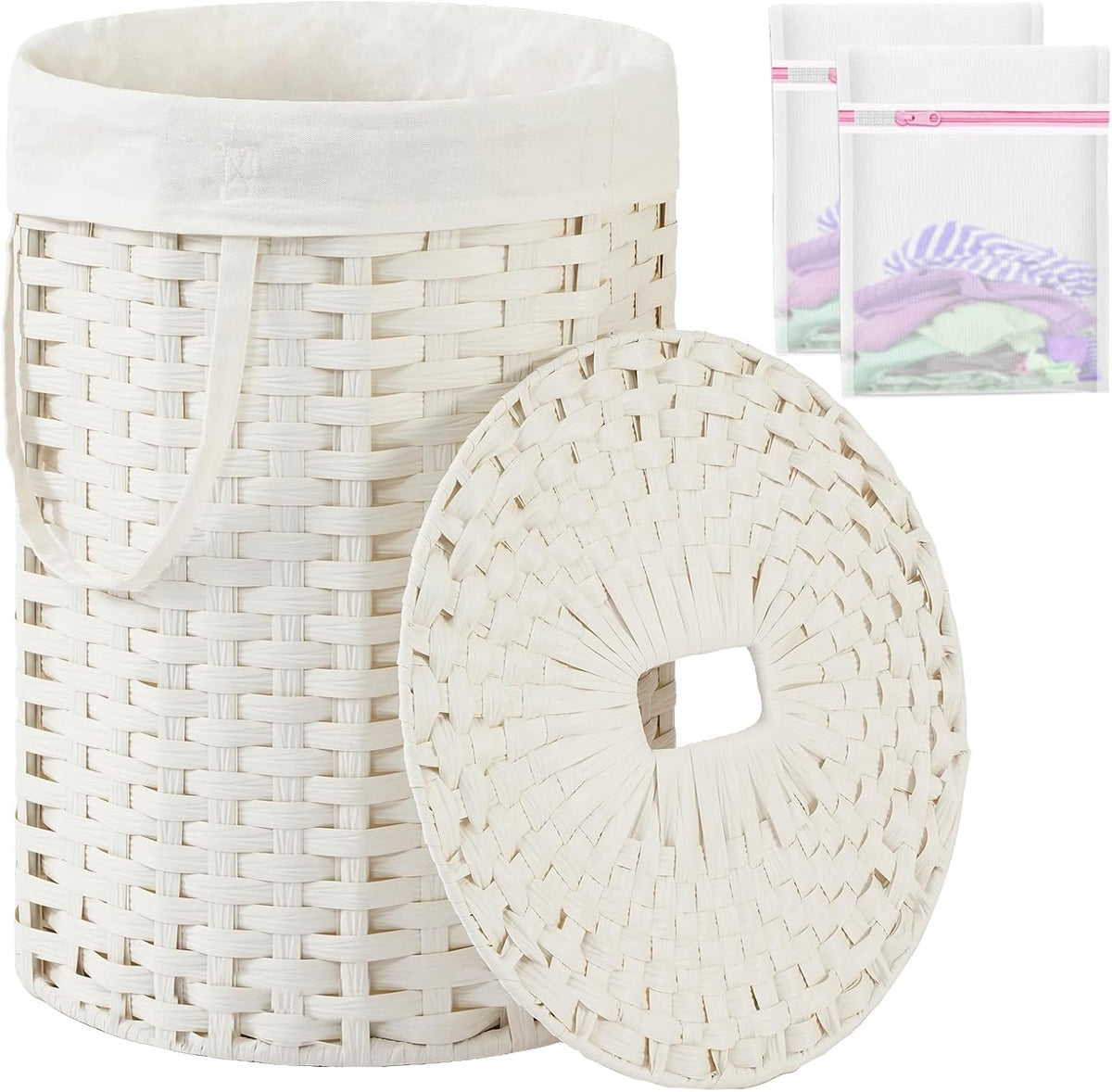 Laundry Basket with Lid Round PE Rattan Laundry Hamper, White