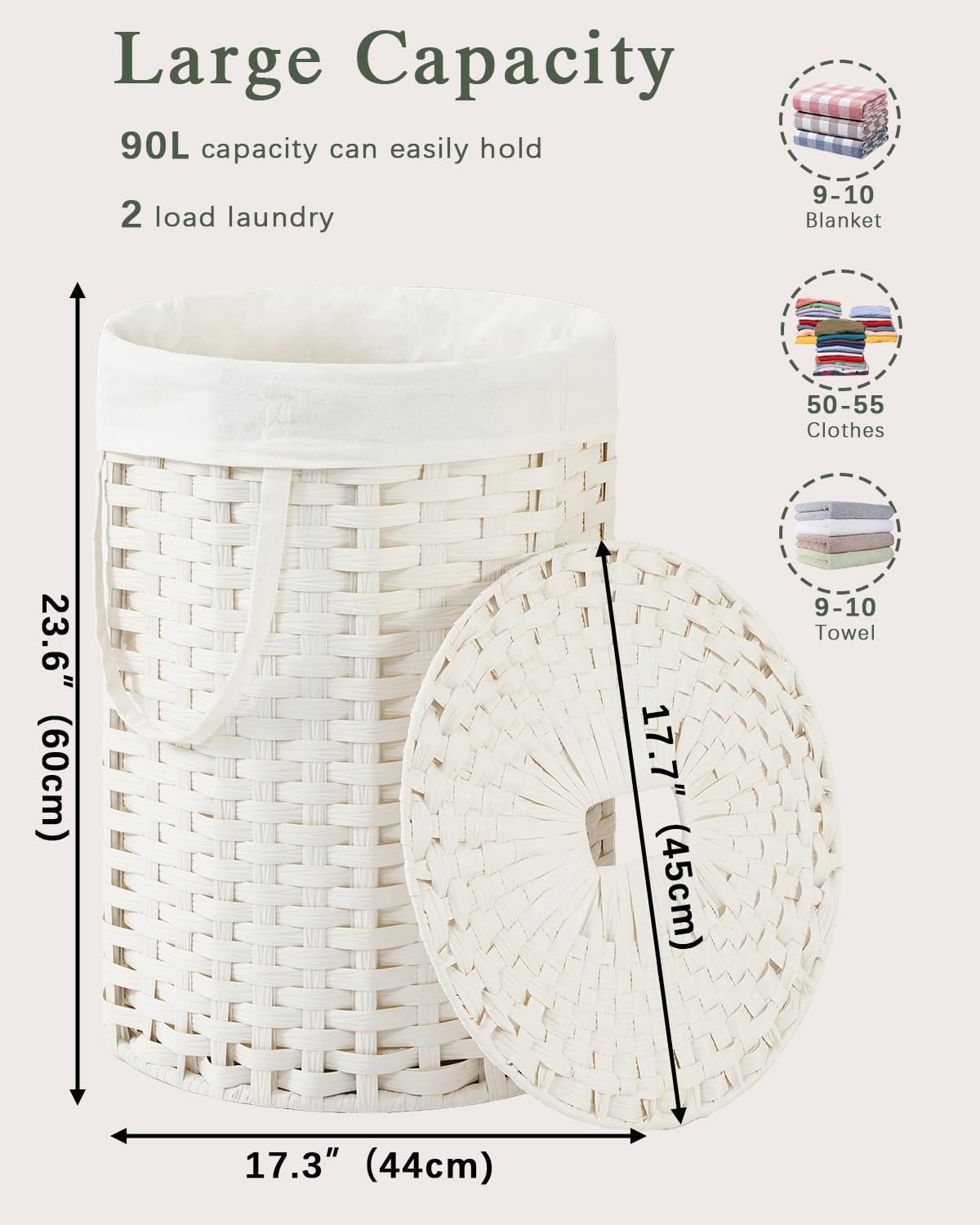 Laundry Basket with Lid Round PE Rattan Laundry Hamper, White
