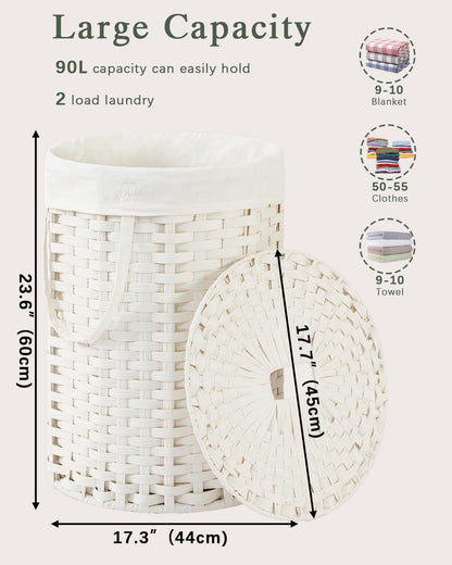 Laundry Basket with Lid Round PE Rattan Laundry Hamper, White