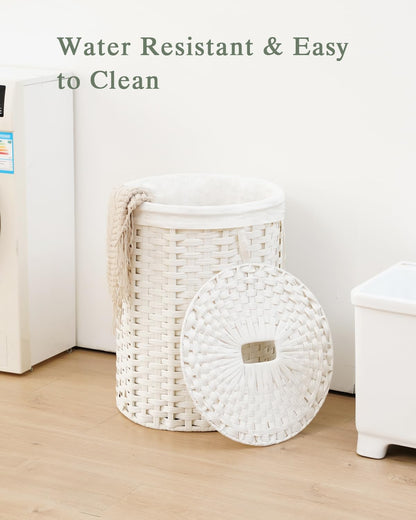 Laundry Basket with Lid Round PE Rattan Laundry Hamper, White