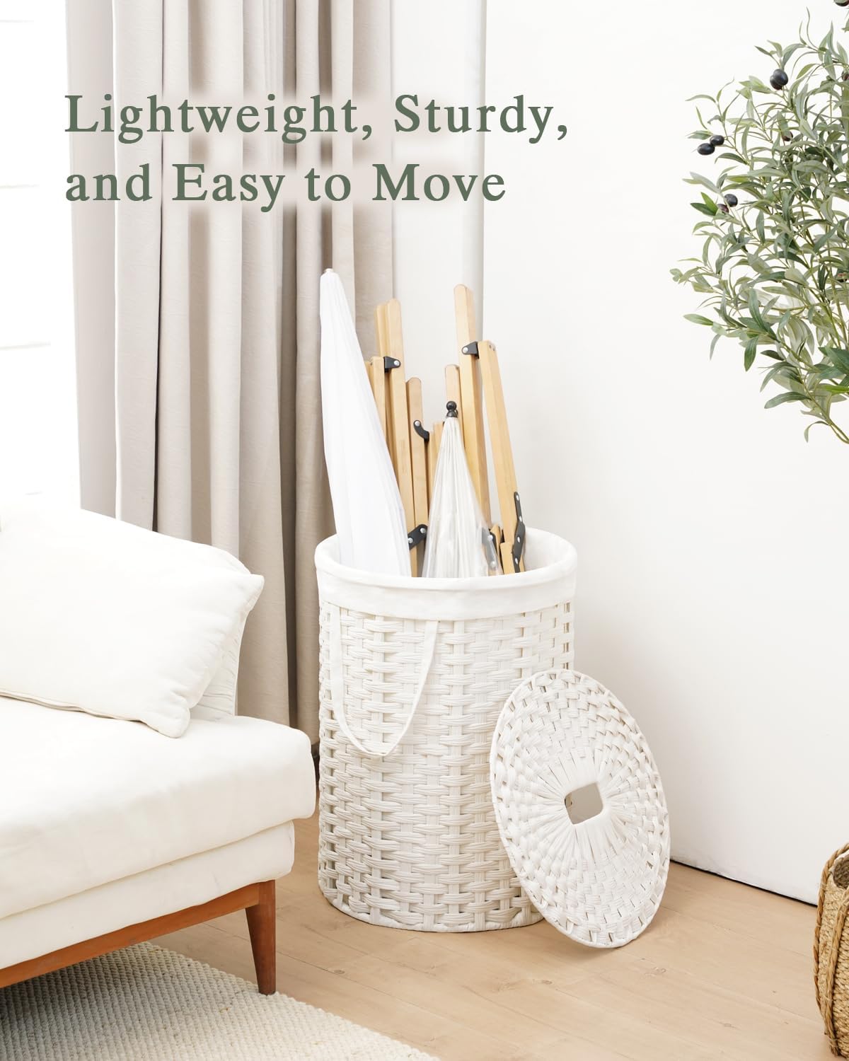 Laundry Basket with Lid Round PE Rattan Laundry Hamper, White
