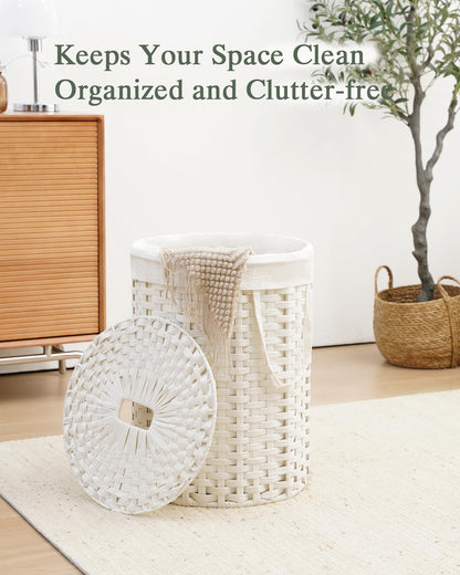 Laundry Basket with Lid Round PE Rattan Laundry Hamper, White
