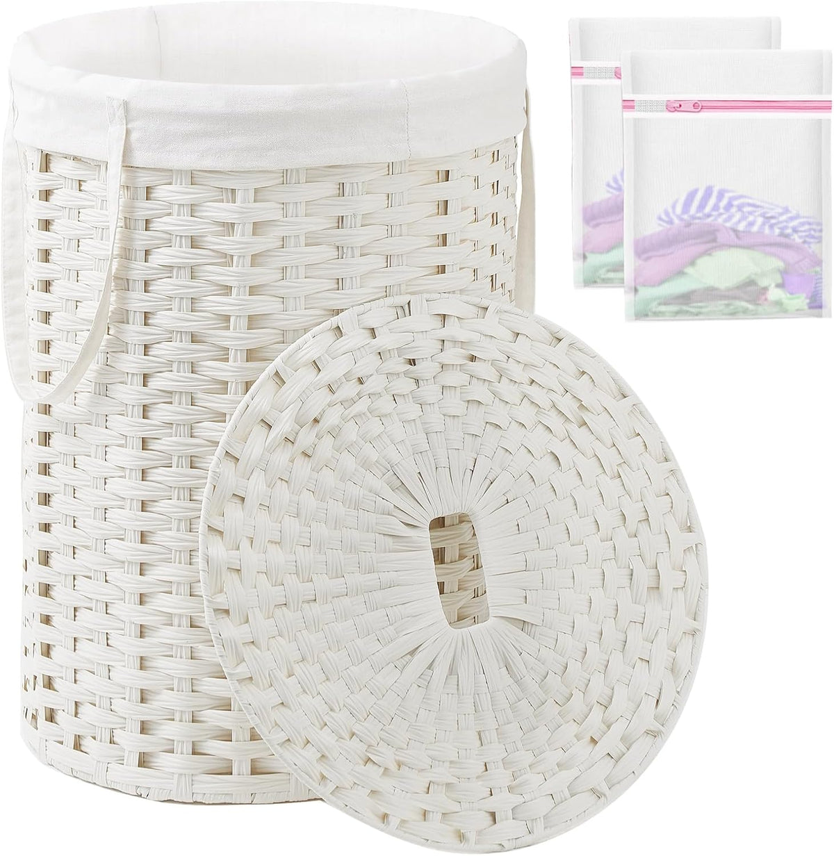 Laundry Basket with Lid Round PE Rattan Laundry Hamper, White