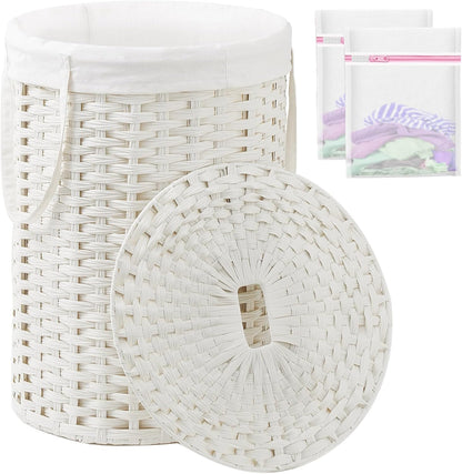 Laundry Basket with Lid Round PE Rattan Laundry Hamper, White