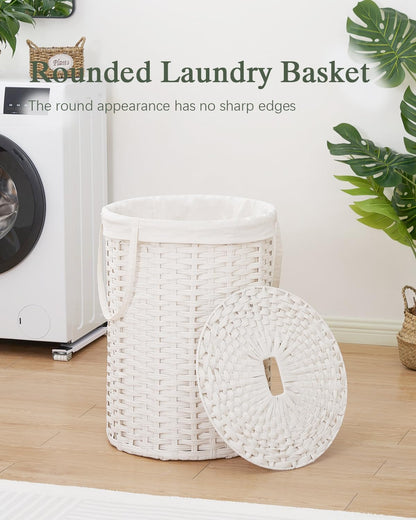 Laundry Basket with Lid Round PE Rattan Laundry Hamper, White