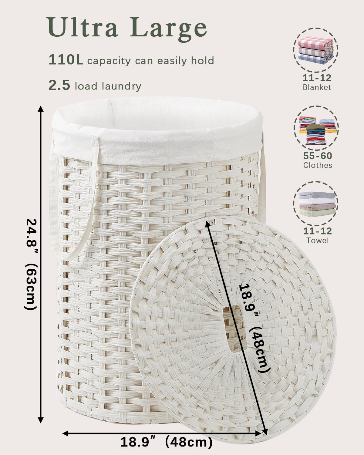 Laundry Basket with Lid Round PE Rattan Laundry Hamper, White