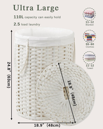 Laundry Basket with Lid Round PE Rattan Laundry Hamper, White