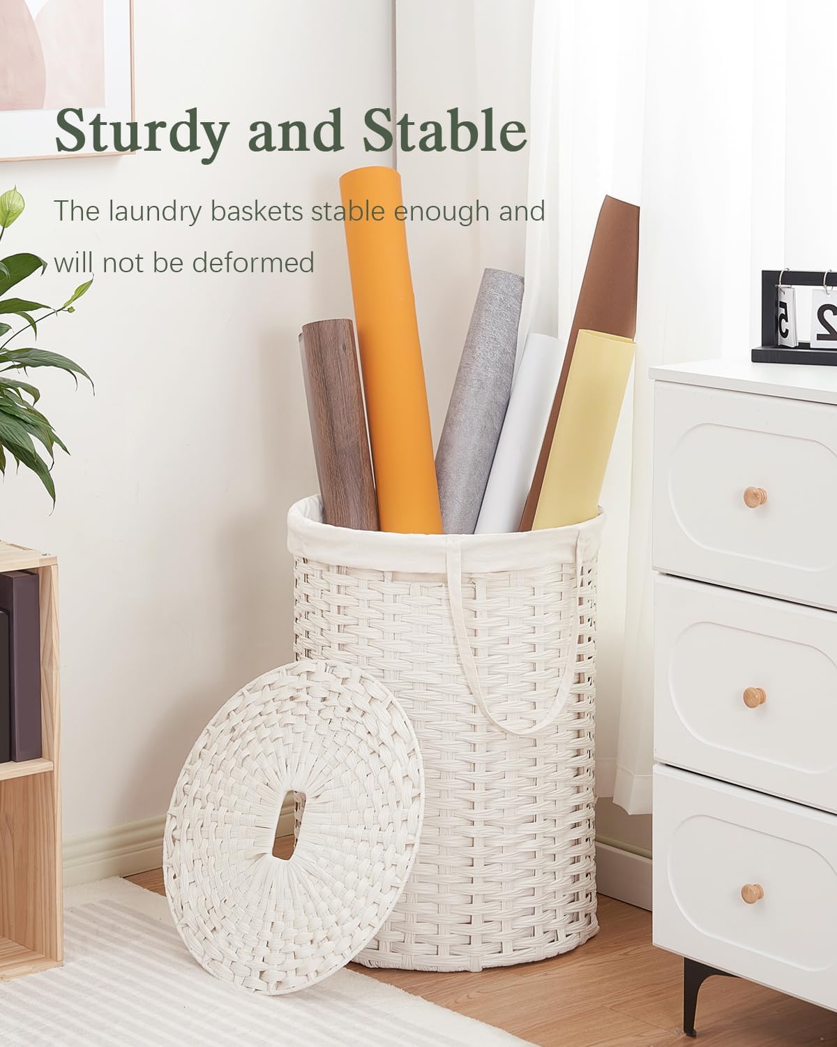 Laundry Basket with Lid Round PE Rattan Laundry Hamper, White