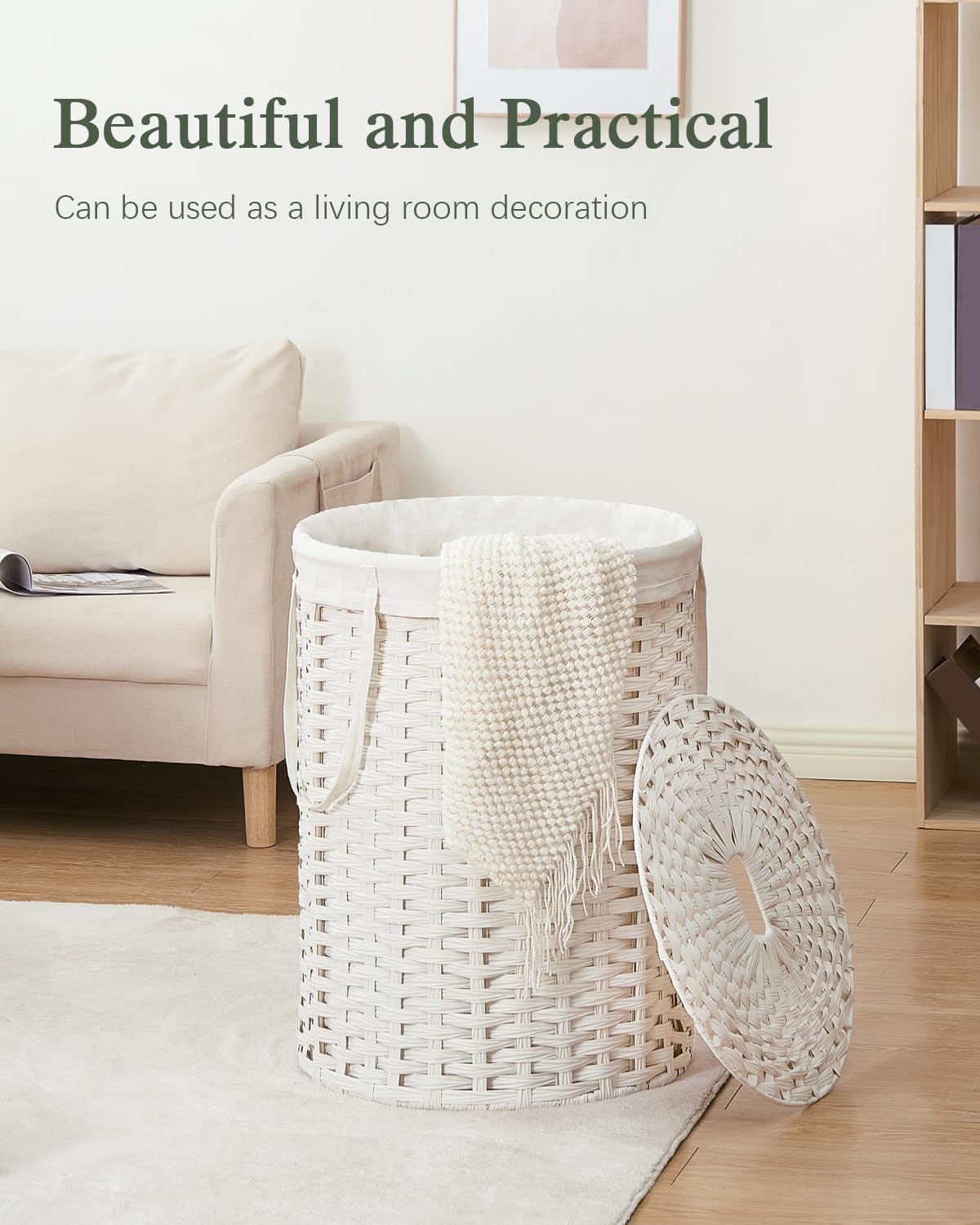 Laundry Basket with Lid Round PE Rattan Laundry Hamper, White