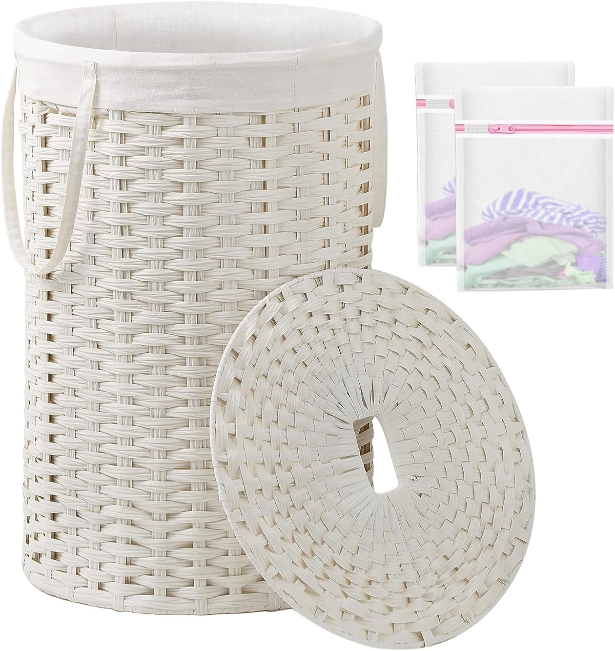 Laundry Basket with Lid Round PE Rattan Laundry Hamper, White