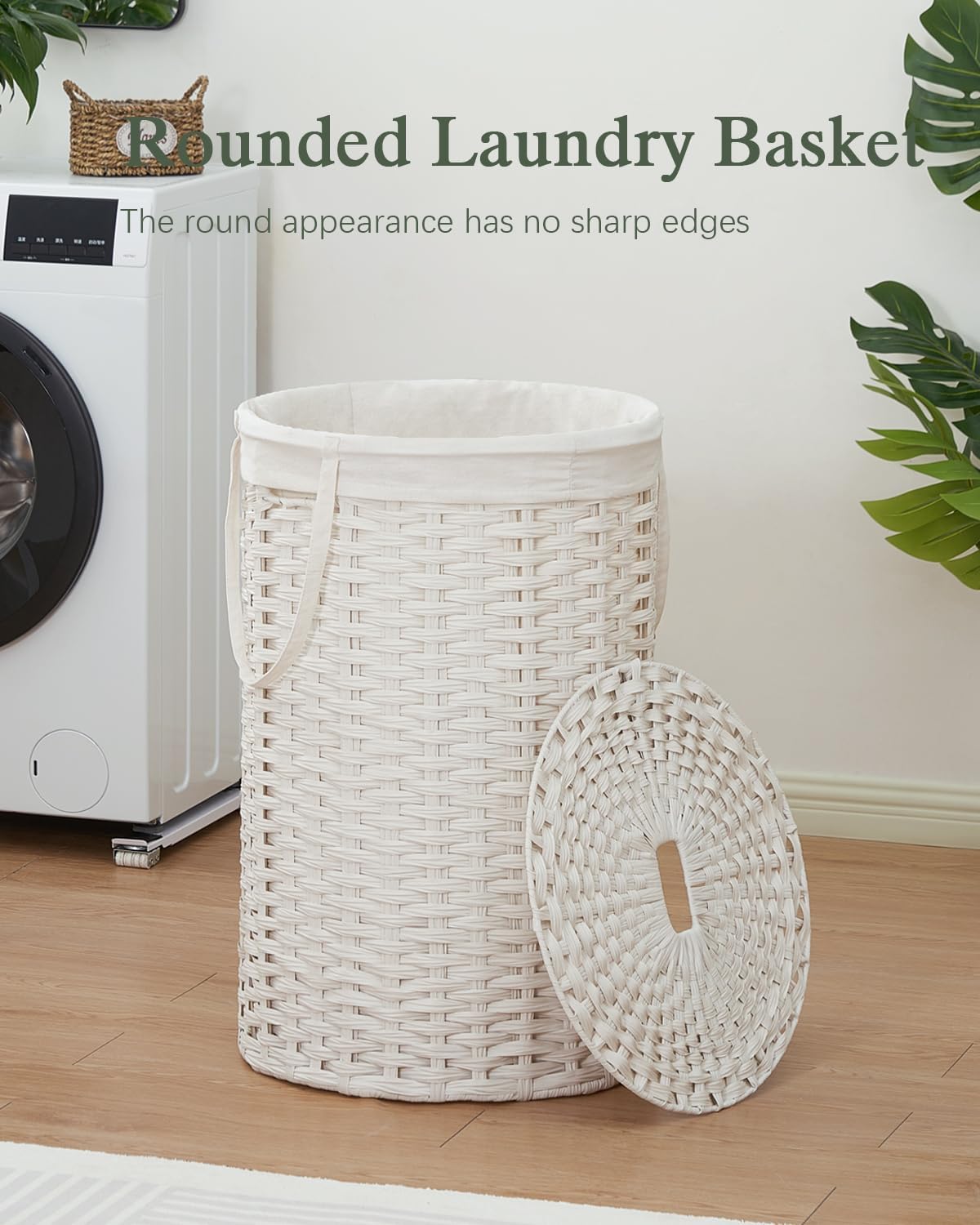 Laundry Basket with Lid Round PE Rattan Laundry Hamper, White