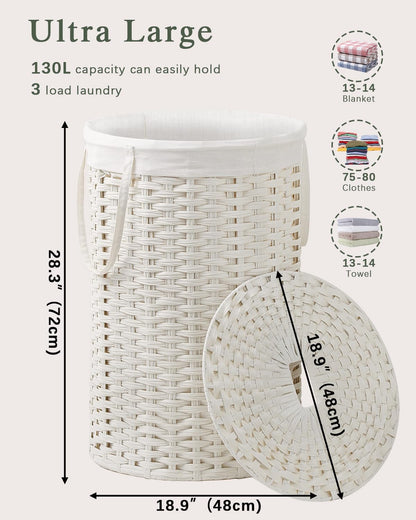 Laundry Basket with Lid Round PE Rattan Laundry Hamper, White