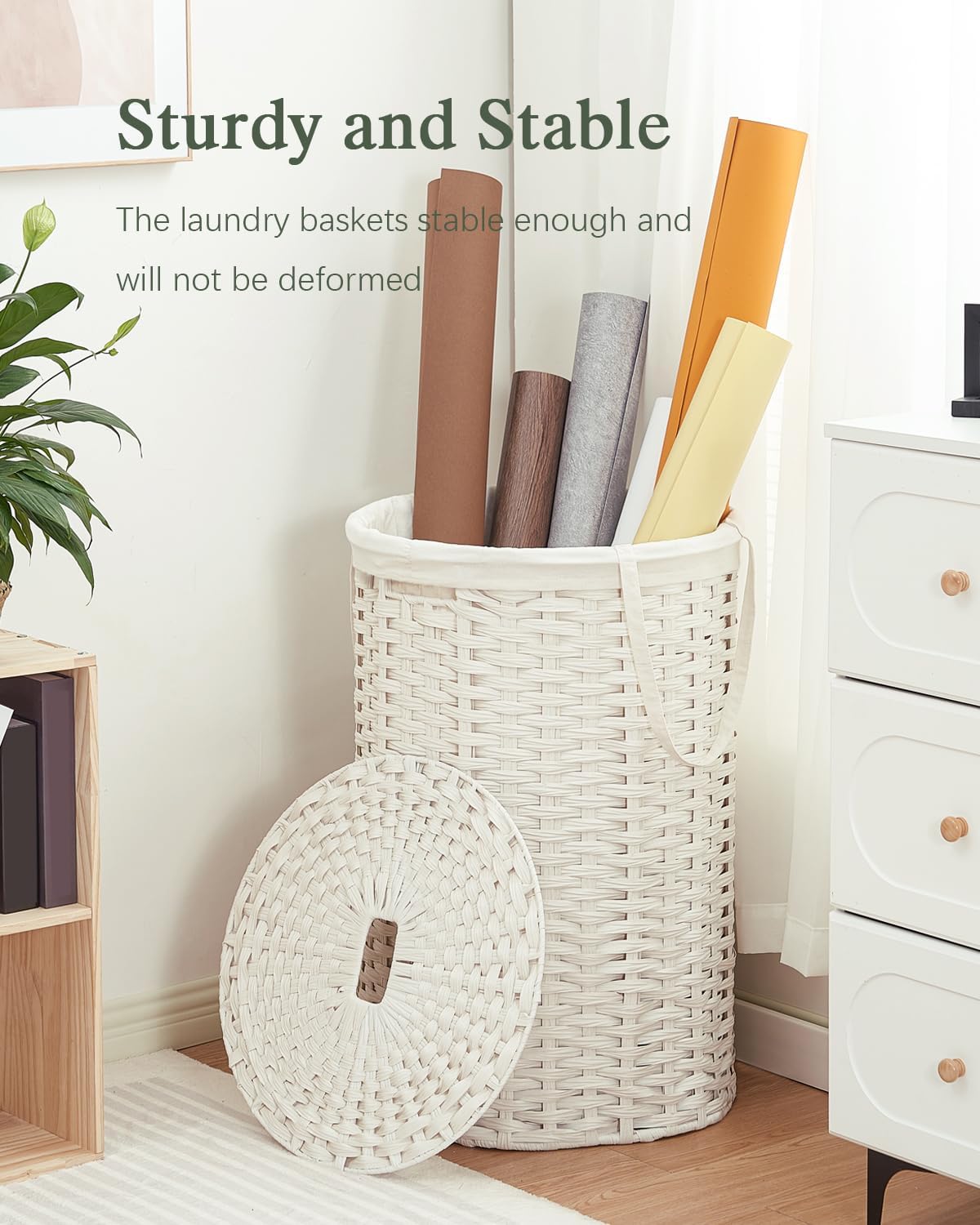 Laundry Basket with Lid Round PE Rattan Laundry Hamper, White