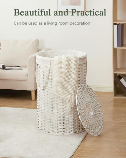 Laundry Basket with Lid Round PE Rattan Laundry Hamper, White