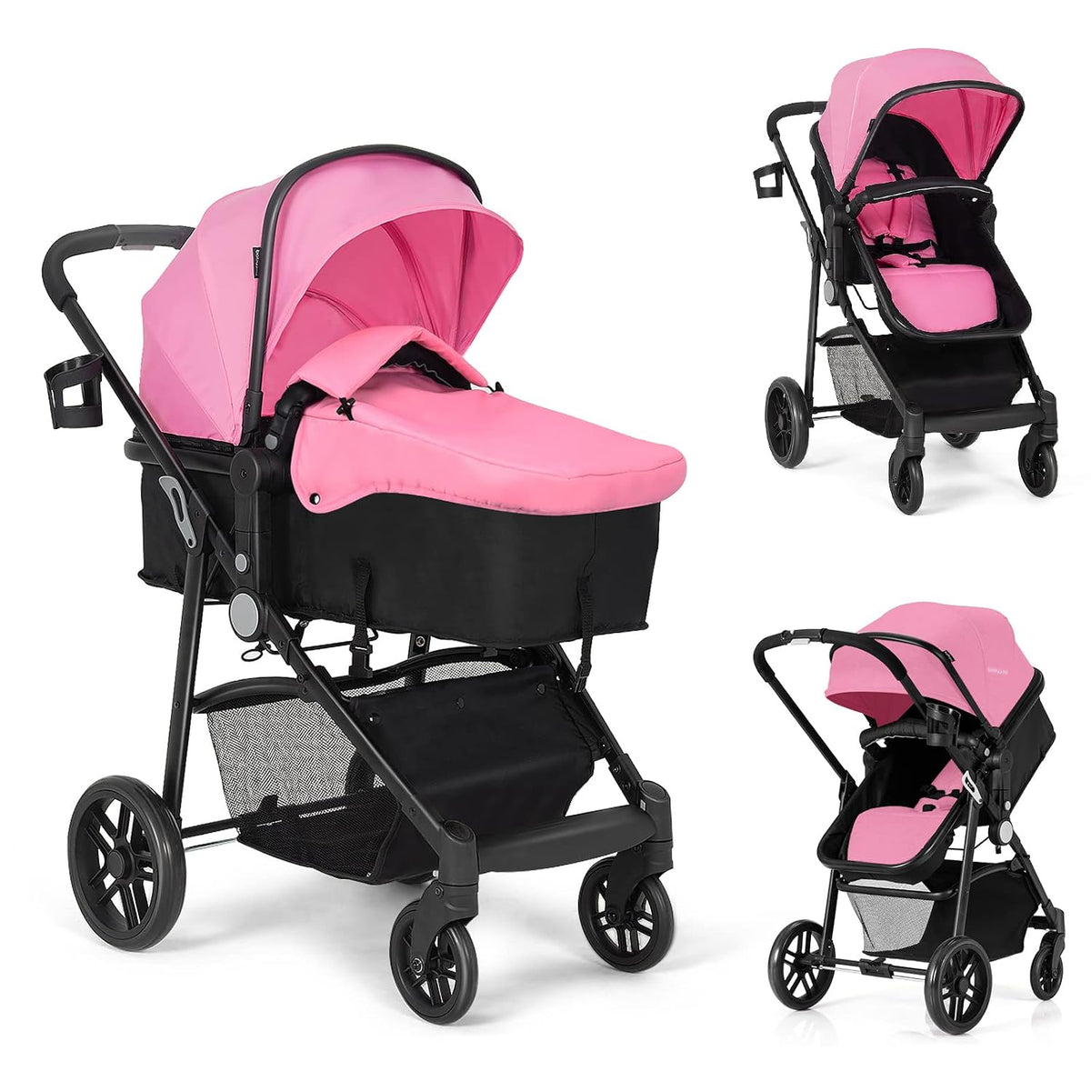 Baby Stroller, 2 in 1 Convertible Carriage Bassinet to Stroller, Pushchair with Foot Cover, Cup Holder, Large Storage Space, Wheels Suspension, 5-Point Harness (Pink)
