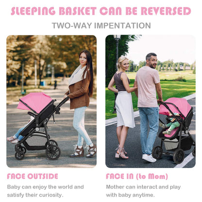 Baby Stroller, 2 in 1 Convertible Carriage Bassinet to Stroller, Pushchair with Foot Cover, Cup Holder, Large Storage Space, Wheels Suspension, 5-Point Harness (Pink)