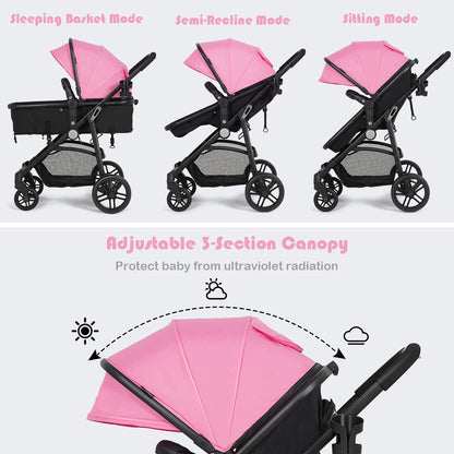 Baby Stroller, 2 in 1 Convertible Carriage Bassinet to Stroller, Pushchair with Foot Cover, Cup Holder, Large Storage Space, Wheels Suspension, 5-Point Harness (Pink)